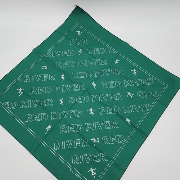 Vintage Red River Bandana Scarf Cotton Green & White Square Sports Enthusiasts - Picture 3 of 4